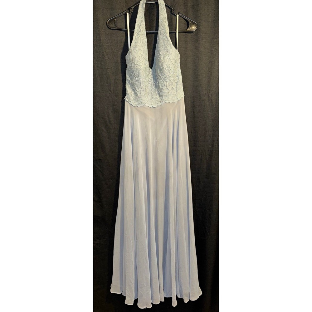 Dessy Collection Vivian Diamond Blue Lace Halter Maxi Gown Dress Size 6 USA